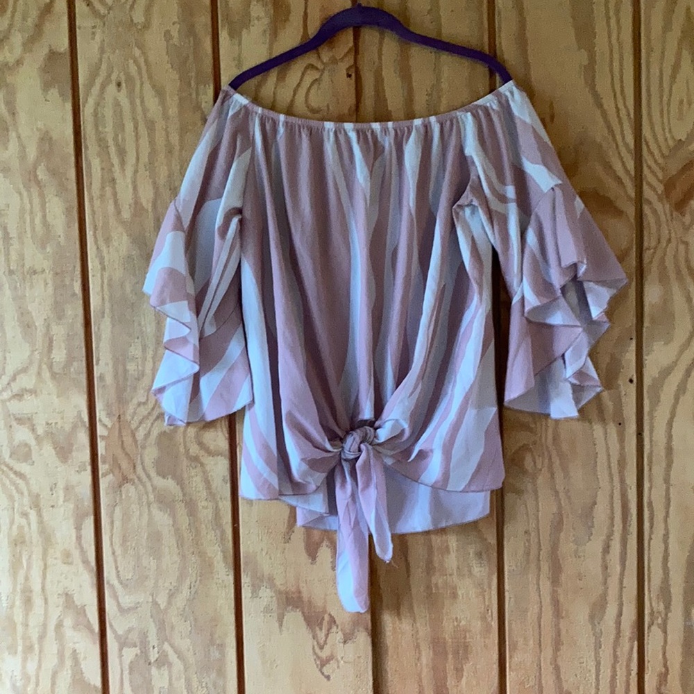 Pink and white zebra stripe off the shoulder shirt